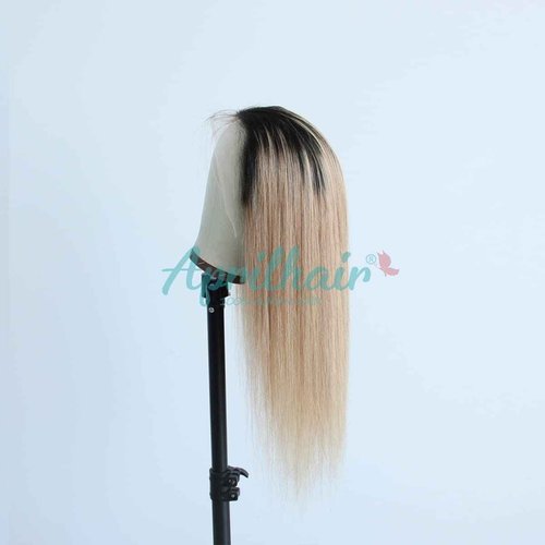 Aprilhair Pre-plucked Ombre #1B/27 Dark Root Honey Blonde Ear To Ear Lace Front Wigs Straight Glueless 150% Density Brazilian Virgin Human Hair With Baby Hair Full (16" inch, Lace Front Wig Straight)