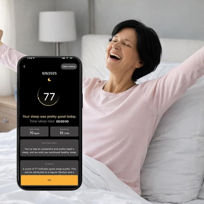 JUST ON Smart Sleep Tracker β Non-Wearable Sleep Monitor for Seniors, Easy Breathing & Sleep Monitoring, Emergency Alerts, Simple App Reports, AI Sound Therapy