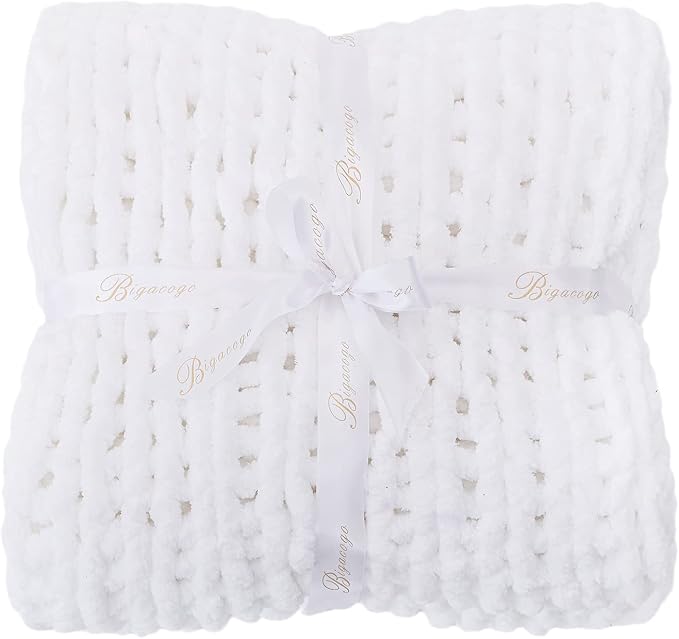 Bigacogo Chunky Knit Throw Blanket for Couch, 40x80 inches, 100% Hand Knitted with Thick Jumbo Chenille Yarn, Cozy Soft Large Rope Knot Cable Crochet Blankets for Sofa Bed Living Room, White