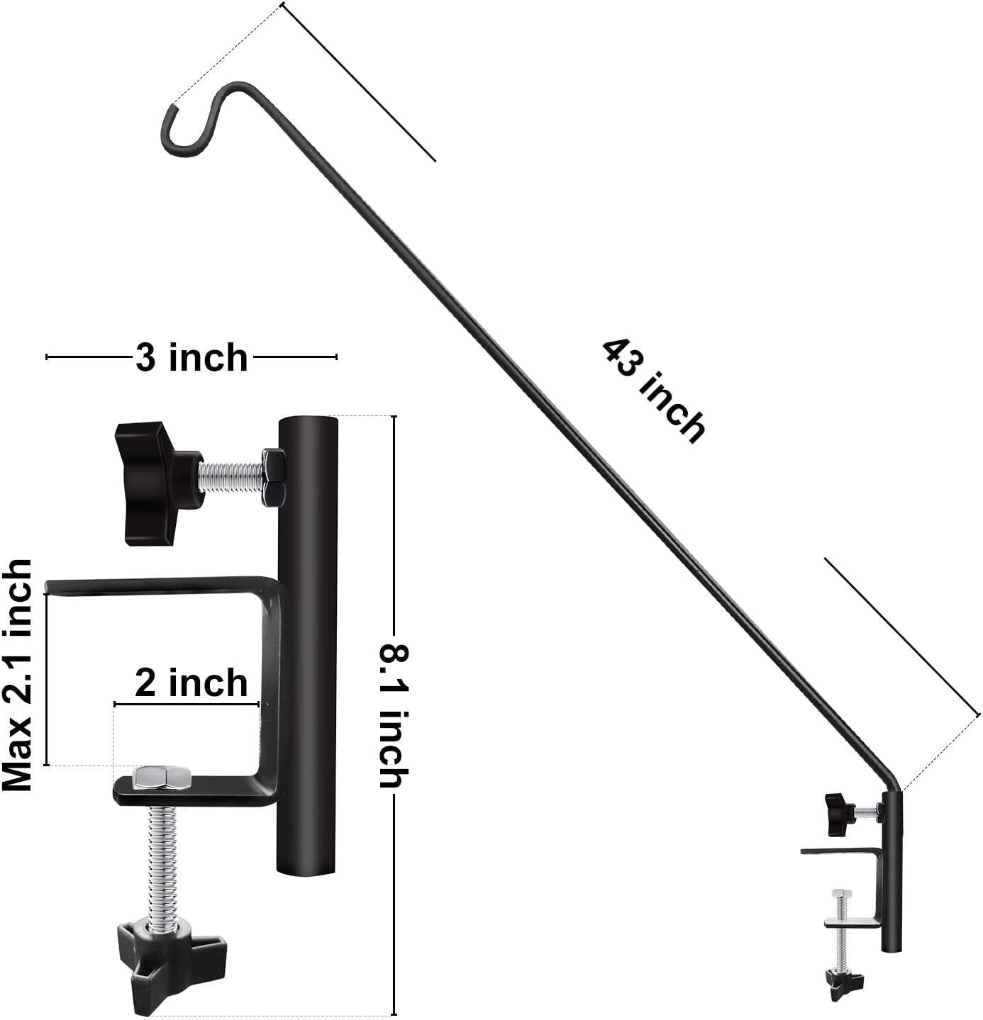 ERYTLLY Heavy Duty Deck Hook, Extensible and Adjustable Deck Hook with 2" Non Slip Horizontal Clamp for Hanging Bird Feeder, Plants, Suet Baskets,Wind Chimes,Lanterns and More
