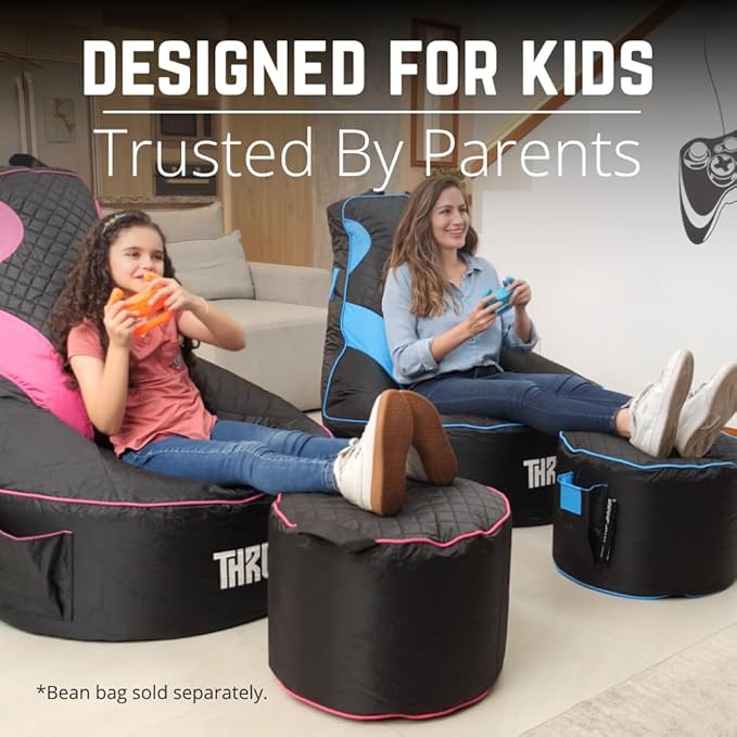 Throne Boss Gaming Footstool - Cover ONLY No Filling - Matching Bean Bag Chair Pouf/Ottoman - Round Gamer Foot Stool Footrest with Drink Holder (Blue)