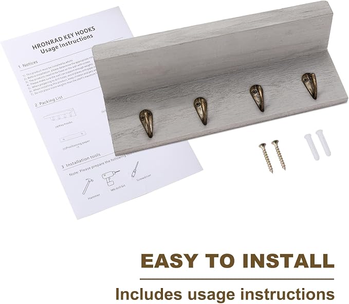 HRONRAD Rustic Key Holder for Wall, Farmhouse Wall Shelf with 4 Hooks, Wall Mounted Key Racks, Wooden Mail Organizer with Hooks for Entryway (Grey)