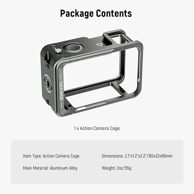 Neewer Cage for Action 5 Pro, Protective Metal Video Rig with Cold Shoe, 1/4" Thread, Shutter Button Compatible with DJI Osmo 5 Pro Action 4 Action 3 DJI Mic Magnetic Adapter Mount, AC014