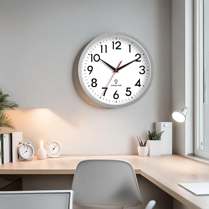 DAXSMY Atomic Wall Clock Analog 10 Inch Battery Operated Modern Decorative for Living Room Kitchen Office Bedroom Bathroom(Silver)