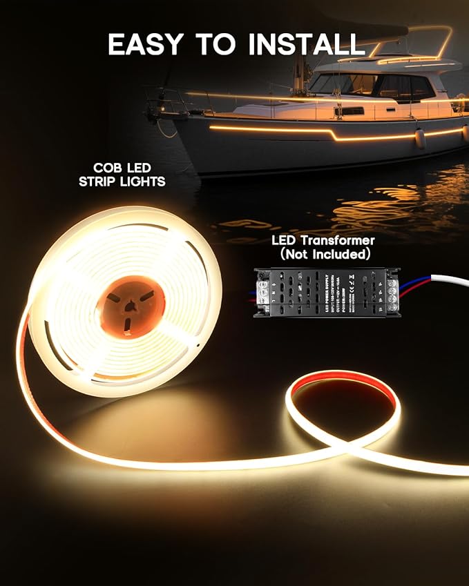 COB LED Strip Lights Warm White 3000K,12V 16.4ft IP67 Waterproof High CRI 95Ra+ Super Bright,Flexible Boat Lights for Fishing Night Outdoor Bathroom Swimming Pool(Power Supply Not Included)