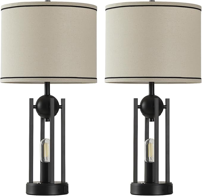 25'' Industrial Table Lamps for Living Room 1pcs with USB C+A Ports, Farmhouse Rustic Bedside Lamp for Bedroom, Touch Lamps for Nightstand, Dual Lights Independent Switch, Bulb Included, Black