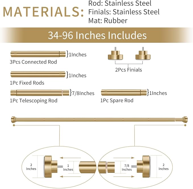 YNL Tension Shower Curtain Rod 34-96 Inches(2.8-8ft) Adjustable Spring Shower Rod No Drilling, Non-Slip, Never Rust, Stainless Steel, Suitable for Bathroom Window Kitchen, Gold