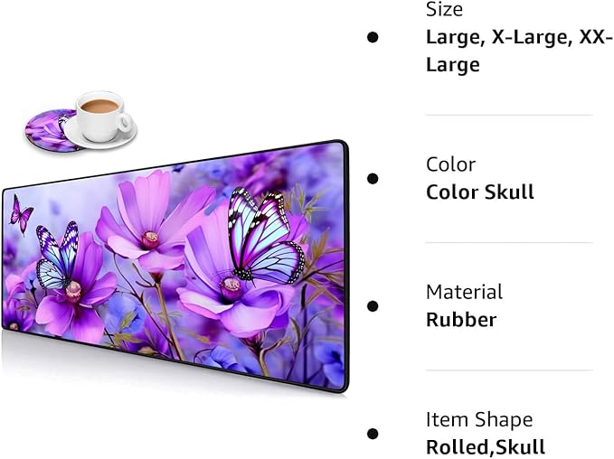 Desk Pad Mat Gaming Mouse Pads with Coasters,Stitched Edges Design Mouse Pad XXL Large Mouse Pad for Laptop Computers Purple Flowers and Butterflies Desk Writing Mat for Office & Home