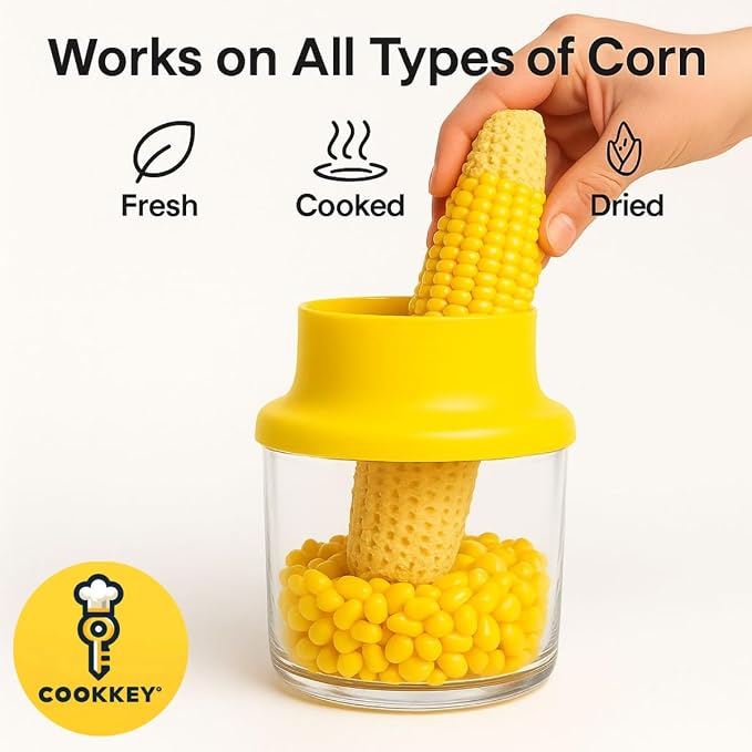 Corn Stripper & Peeler Tool with Built-In Bowl β Safe Non-Slip Handle, Fast Corn Kernel Cutter & Cob Remover, Multi-Purpose Grater for Corn, Ginger & Vegetables (Yellow) - COOKKEY