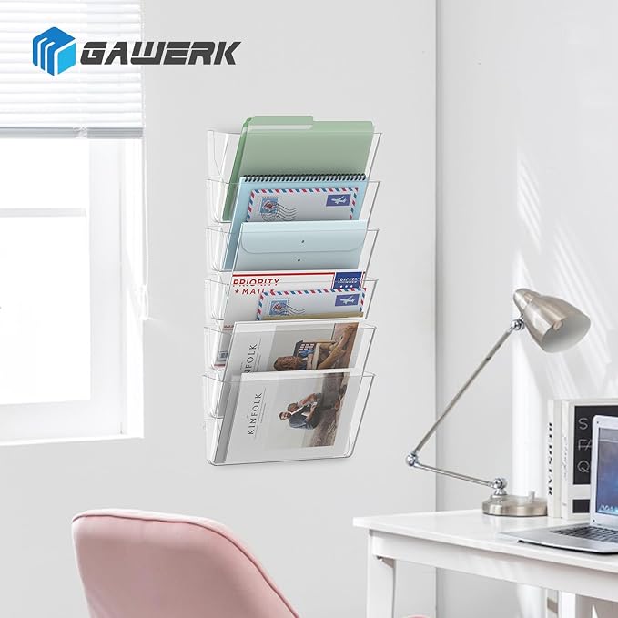 Gawerk 4 Pack Clear Single Pocket Wall File Holder Hanging Wall Organizer, Wall Mount Mails Magazines Organizer for Office and Home