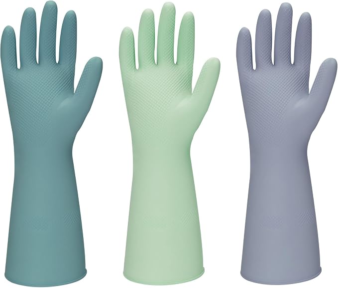 Rubber Kitchen Dishwashing Gloves - 3 Pairs Colorful Reusable Household Cleaning Gloves For Washing Dishes And Cleaning Tasks,Flexible And Durable Waterproof (Small, Dark Green+Green+Gray)