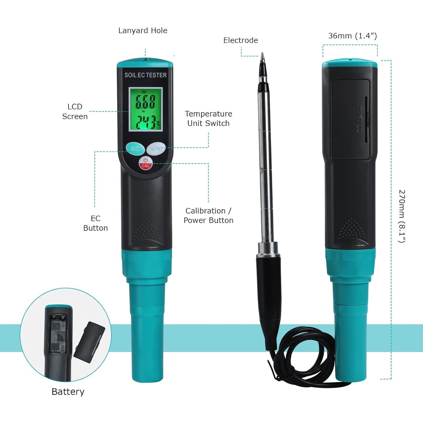 Digital Soil EC Meter, 2-in-1 EC and Temperature Meter with Corded EC Sensor Electrode, Backlight LCD Display, ATC Function 0~50℃, Portable Plant EC Meter for Gardening, Farming and Outdoor Plants