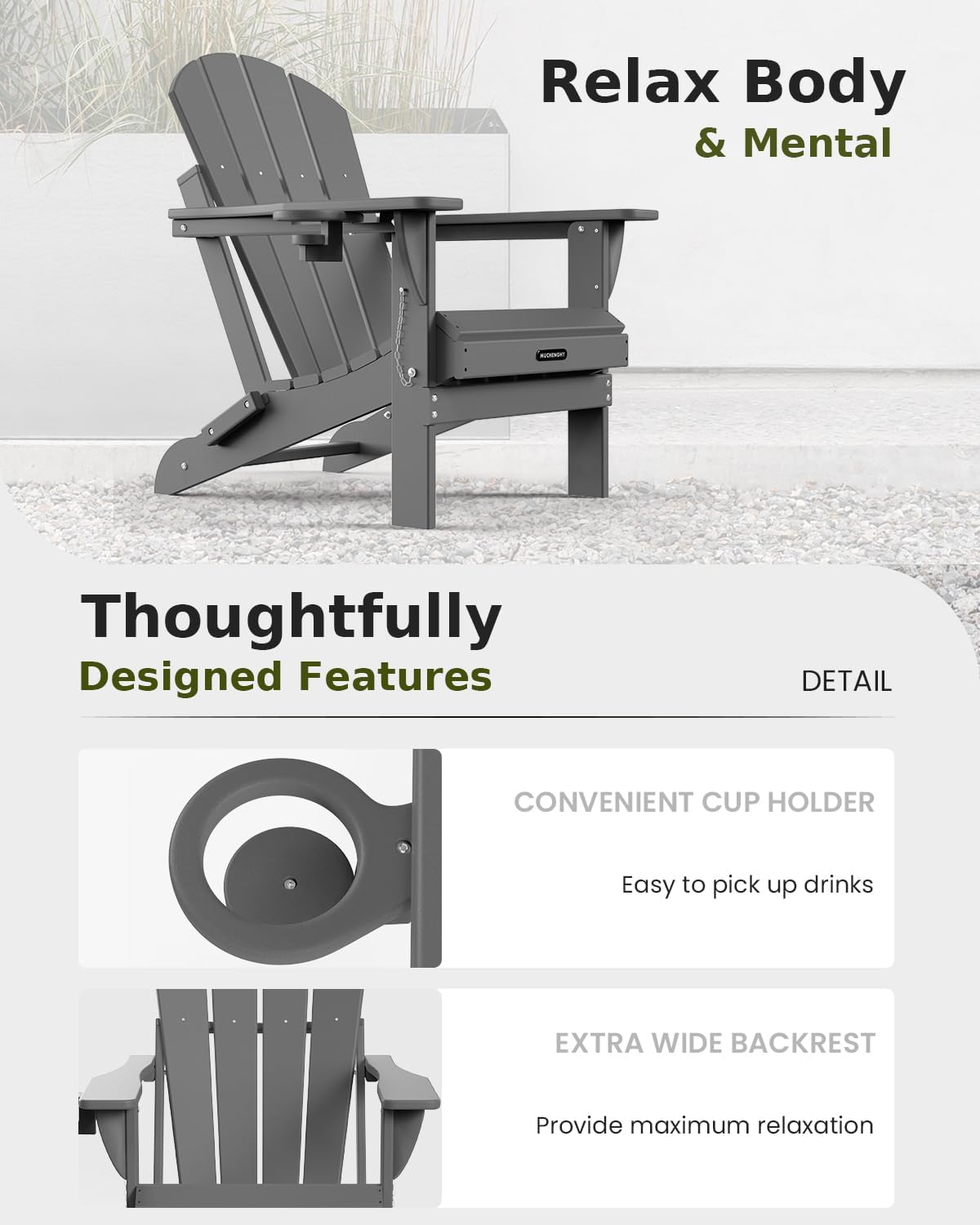 MUCHENGHY Folding Adirondack Chairs HDPE Weather Resistant 6 Pack, Patio Firepit Chairs, Sturdy Outside Chairs, Lawn Chairs, 15min Assembly 380lb Grey