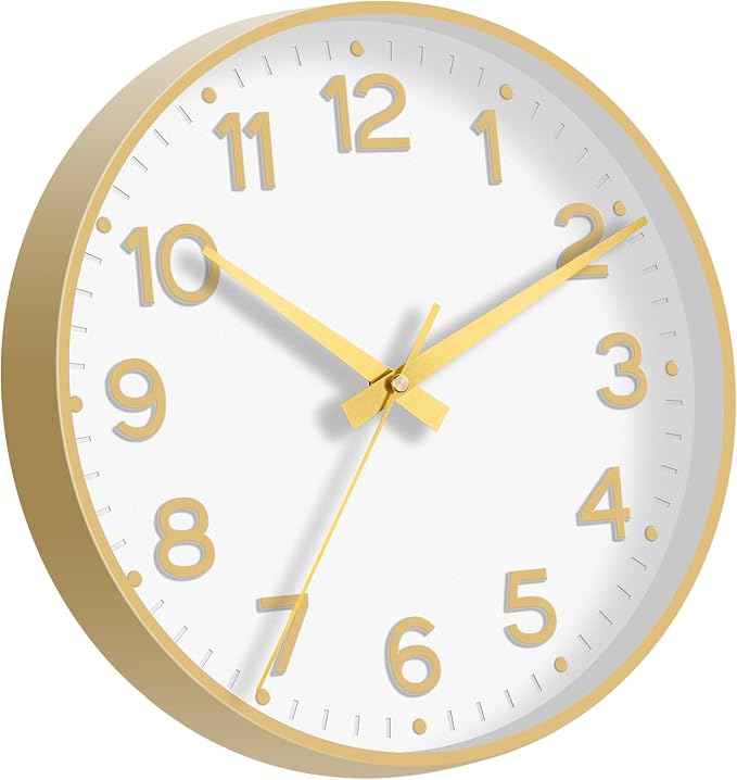 Roymnie Wall Clock, 10 Inch Silent Wall Clocks Battery Operated-Modern Non Ticking Analog Clock Decorative for Kitchen Bedroom Office Bathroom(White Gold)