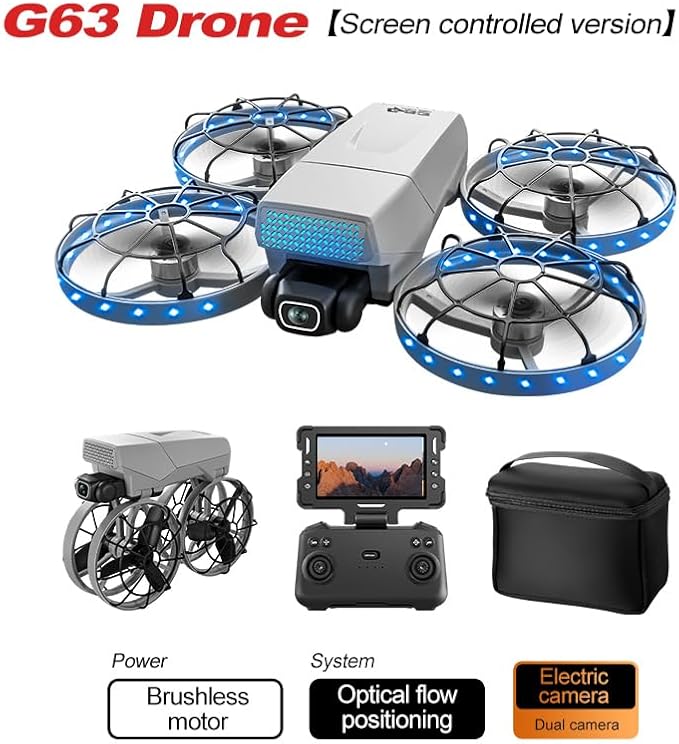 Foldable Drone with HD Camera Propeller Safety Protection, Screen Remote Control FPV Drones, Optical Hovering Brushless Motor G63 Mini Quadcopter with LED Light & 2 Batteries for Adult Beginners