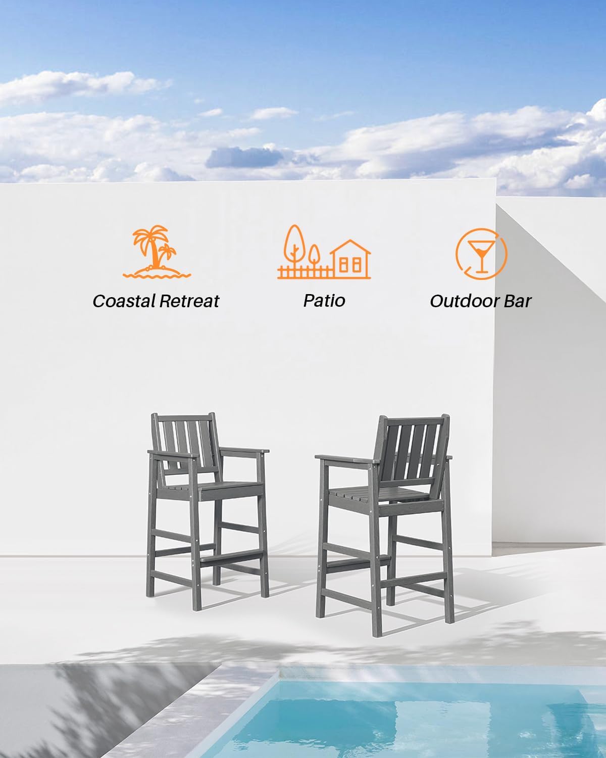 5-Piece HDPE Patio Bar Set, Rectangular Bar Height Table and 4 Adirondack Bar Chairs, Weatherproof Outdoor Bar Stools Set, Outdoor Bar Table and Chairs Set for Deck, Balcony, Pool, Smoke Gray