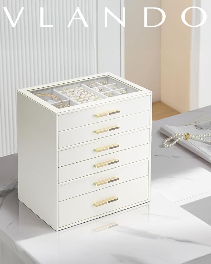 VLANDO 6 Layer Jewelry Box for Women, Glass Lid Jewelry Organizer with 6 Drawers for Necklaces Rings Earrings Bracelets - Cloud White
