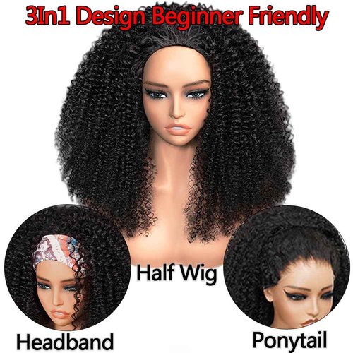 OWNROSE Half Wig Upgread 3 In 1 Kinky Curly Half Wig Human Hair 200 Density Glueless Wigs Human Hair Beginner Friendly Curly Wig Drawstring Seamless Flip Over Clip in Wigs for Women 16 Inch