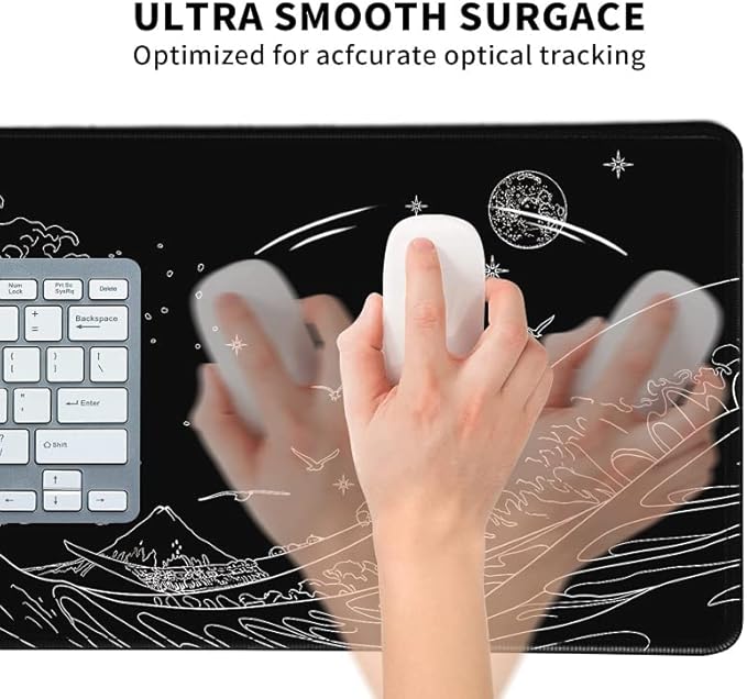 MEWOOCUE® Large Gaming Mouse Pad for Computer,Black Japanese Sea Wave Anime Mouse Mat,Long XXL Waterproof Keyboard Pads,Big Non-Slip Mouse Pads for Game Office Home(31.5 x 11.9 in)
