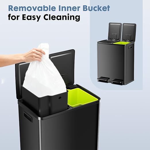 DUMOS Kitchen Double Trash Can, 2x8-Gallon Dual Trash Can with Lid, Stainless Steel Garbage Bin with 2 Removable Inner Buckets, Soft-Close Foot Pedal for Kitchen, Home, Office, Glossy Black