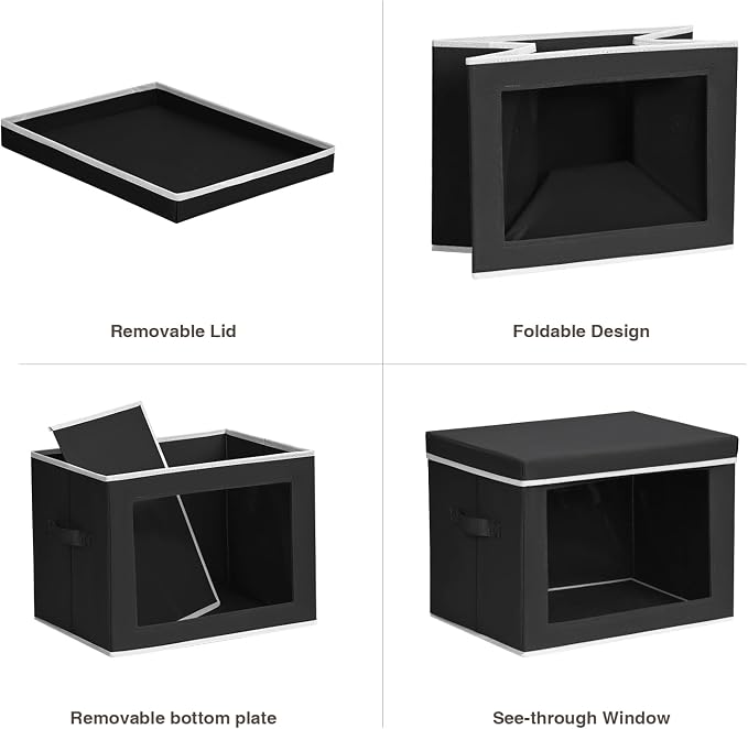 Homsorout Storage Bins with Lids, 4 Pack Large Storage Cubes with Window, Closet Bins with Lids & Handles, Fabric Box for Organizing Clothes, Towels, Books, Black