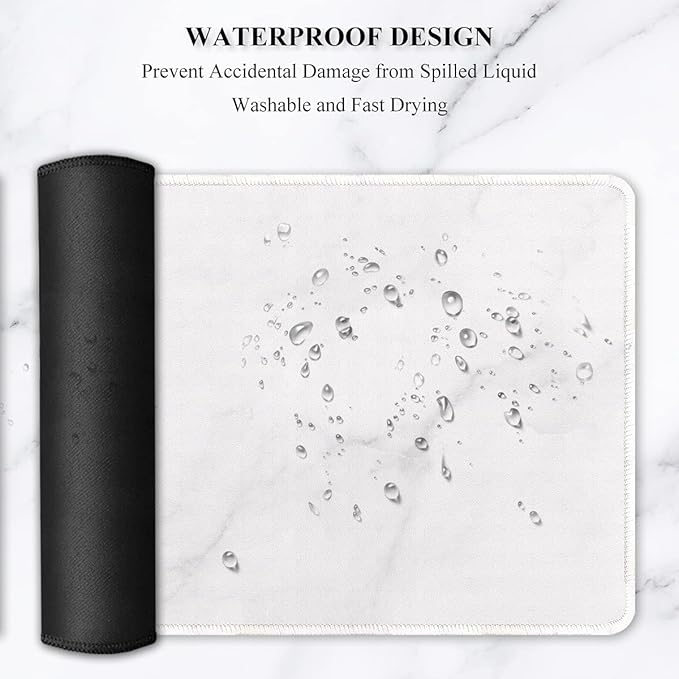 Auhoahsil Extended Mouse Pad, XXL Gaming Mouse Pads, Large Big Mousepad Laptop Computer Keyboard Mat Desk Pad with Non-Slip Base and Stitched Edge for Gaming Office, 35.5 x 15.7 inch, White Marble