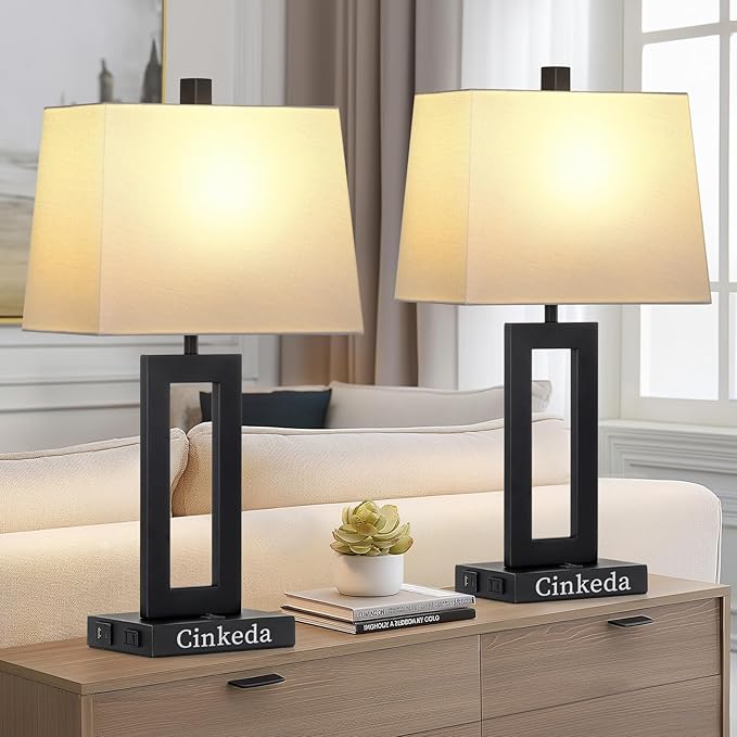 Cinkeda Table Lamp Set of 2 with USB C+A Ports & AC Outlet, Bedside Lamps, Modern Bedroom Lamps, Black Lamps for Bedroom Living Room,Nightstand Lamp(Push Button Swich/NO dimming