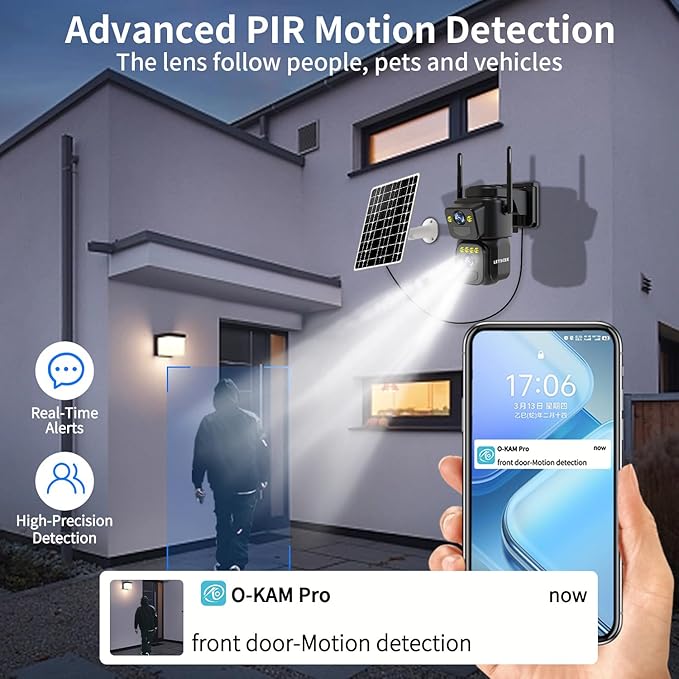 LETSCEE Dual Lens Security Cameras Wireless Outdoor,Solar Cameras for Home Security,Motion Detection,Night Vision,No Month Fee,IP65 Water Proof