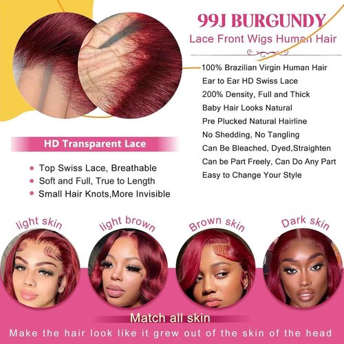 ediere 99j Burgundy Lace Front Wigs Human Hair 13x6 HD Transparent Burgundy Wig Human Hair 200 Density Body Wave Lace Front Wigs Human Hair30inch