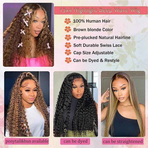 Leximi Honey Blonde 13x4 Deep Wave Lace Front Wigs Human Hair Pre Plucked with Baby Hair 4/27 Highlight Glueless HD Transparent Lace Frontal Wigs for Black Women 180 Density (24 Inch)