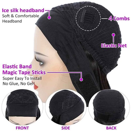 mmiQus Long Headband Wig Human Hair Water Wave Headband Wigs for Women Curly Wigs Glueless No Lace Front Wig Brazilian Virgin Human Hair 180% Density Natural Black 24 Inch