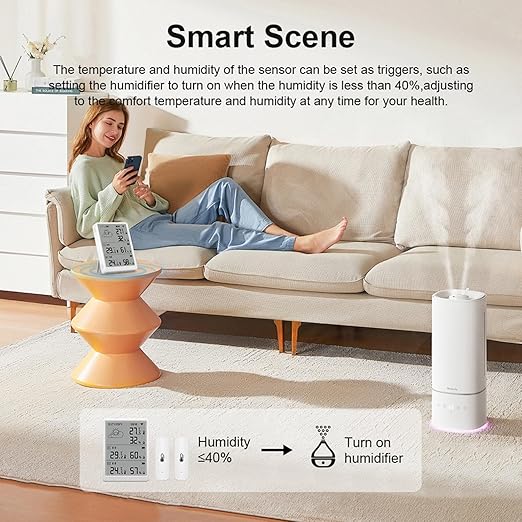 WiFi Thermometer Hygrometer Indoor: Digital Smart Temperature Humidity Monitor with App Notification Alert, Data Storage Export, 100m Range, Compatible with Alexa (1Base Station+3Sensors)
