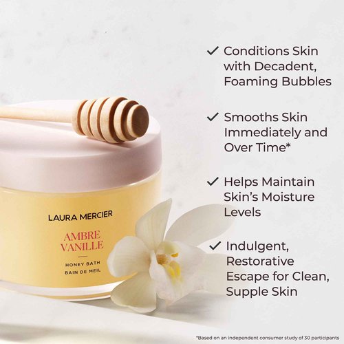Laura Mercier Honey Bath, Foaming Bubble Bath, Long-Lasting Hydration, Helps Maintain Skin's Moisture, Provides Visible Radiance, Suitable for All Skin Types, Ambre Vanille