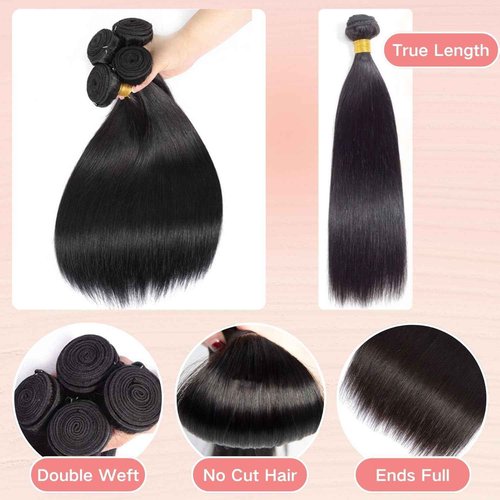 Aliprincess 12A Human Hair Bundles 16 18 20 22 4 Straight Bundles 100% Unprocessed Brazilian Virgin Hair Deals Human Hair Extensions Quick Weave Natural Black for Women