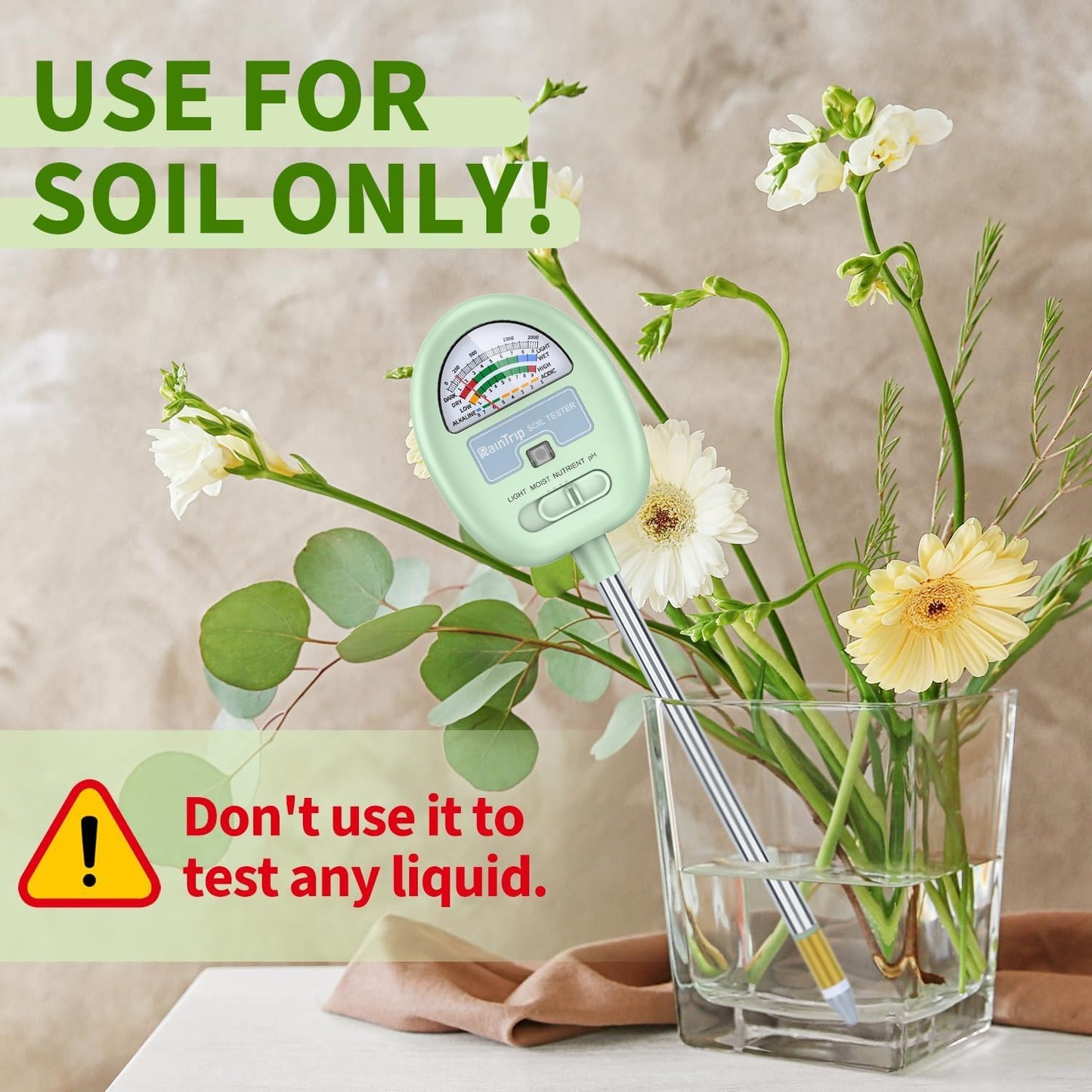 Soil Moisture Meter, 4-in-1 Moisture Meter for Plants, Tester for Moist, Light,Nutrients, pH, Soil Test Kit, Great for Garden, Lawn, Farm, Indoor & Outdoor Use, No Battery Required