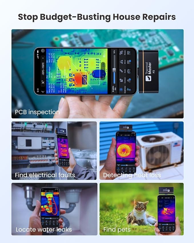 Thermal Master P3 - Thermal Camera for iOS & Android, 8mm Macro Vision Infrared Imager with 35mk NETD, 512x384 Super Resolution, 3.6℉ Accuracy, Manual Lens, Work for Home PCB Inspection, Black