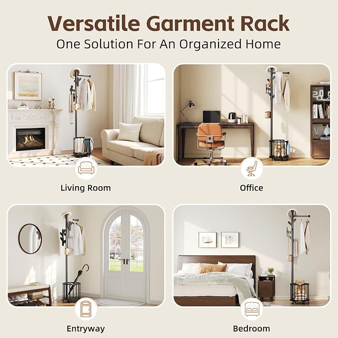 Uniclinens Freestanding Wooden Coat Rack with Umbrella Holder,Black Coat Rack with Hooks, Space-Saving Entryway Organizer for Hanging Clothes and Storing Towels, Bedroom, Living Room
