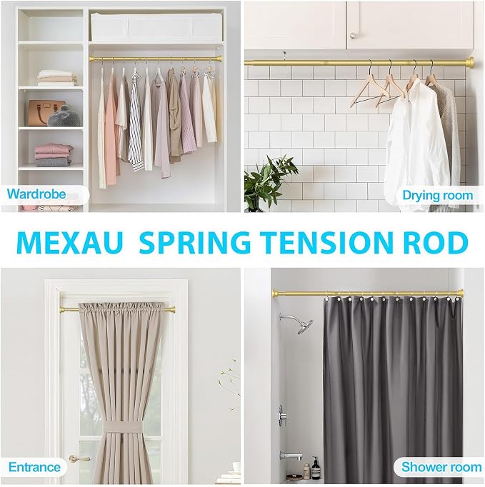 MEXAU Tension Curtain Rod For Window 30-64 Inches Adjustable Expandable Gold Spring Tension Rod Spring Curtain Rods No Drilling Extension Rods Tension Rod for Closet Doorway Kitchen