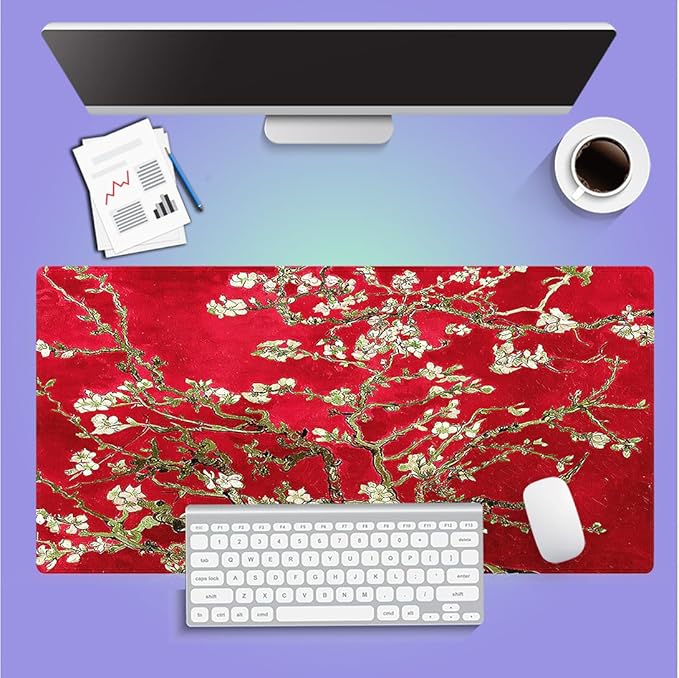 Large Gaming Mouse Pad (31.5" x 15.8") - Vivid Red Famous Painting of Almond Trees Flowers Blossoms by Vincent Van Gogh, Extra XXL Office Accessories, Premium Stitched Anti-Slip Desk Mat