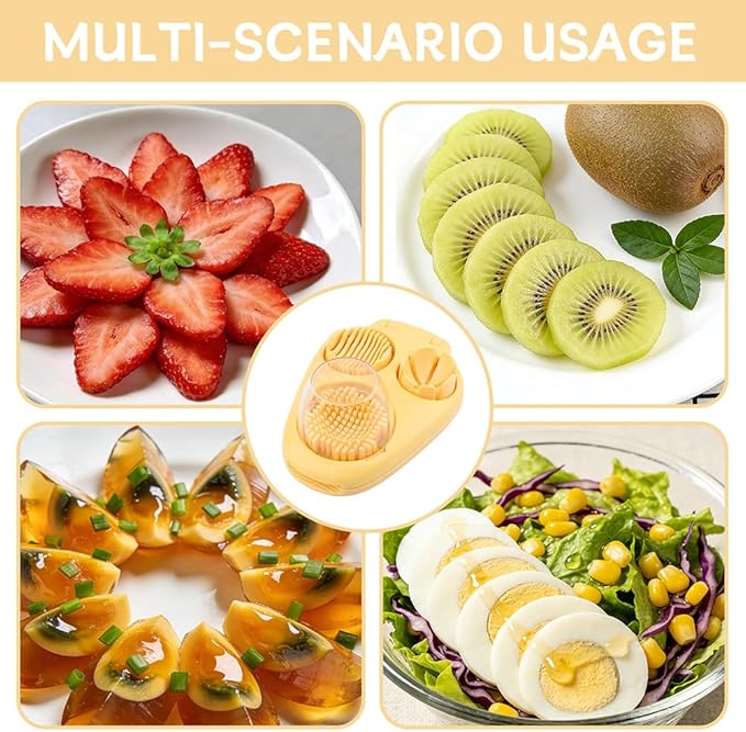 3-in-1 Egg Slicer for Hard Boiled Eggs, Multipurpose 3-Way Cutter with 3 Slice Modes, Heavy Duty Stainless Steel Chopper Tool for Strawberry, Mushroom, Grape, Cherry Tomato(COLOR:Yellow)