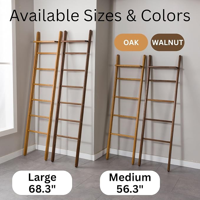 Solid Pine Wood Blanket Ladder for Living Room Bathroom Organizer Shelves, 7-Tier 5-Tier Freestanding Shelf, Freestanding Towel Rack Extra Storage, Wall-Leaning (Walnut, Medium)