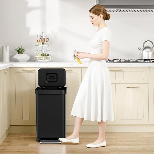Arlopu 50L/13.2Gal Stainless Steel Trash Can W/15 Inner Bags & Rear Trash Bag Storage Compartment, Kitchen Step Trash Can with Lid & Built-in Deodorizer Box, Garbage Bin W/Foot Pedal (Black)