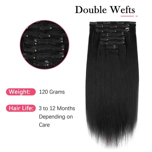 Sassina Yaki Clip ins Human Hair Remy Double Wefts Coarse Yaki Straight Clip in for Black Women 18 Inch Clip in Hair Extensions 7 Pieces 17 Clips 120 Grams Jet Black #1