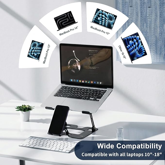 Alloy Steel Laptop Stand, Ergonomic Computer Stand, Desktop Laptop Riser, Compatible with MacBook Air/Pro, Dell, HP, Lenovo and Other 10-18 Inches Laptops, Black
