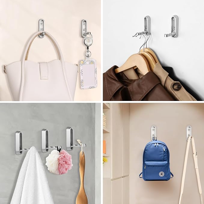 Dntorx Foldable Wall Hook, 40 lbs Heavy Duty Screw Mounted, Aluminum Alloy Flip-Down Silver Coat Hook, Space-Saving Folding Wall Hanger for Bathroom Bedroom Entryway Closet, Includes Screws (2 Pack)