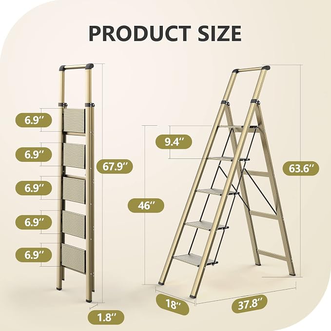 WOA WOA 5 Step Ladder, Ladders for Home, Anti-Slip Pedals, Aluminum Step Stool Foldable, Lightweight to Move, Ease of Storage, Reach 10ft for Closet Kitchen Library, Hold 300lbs - Gold