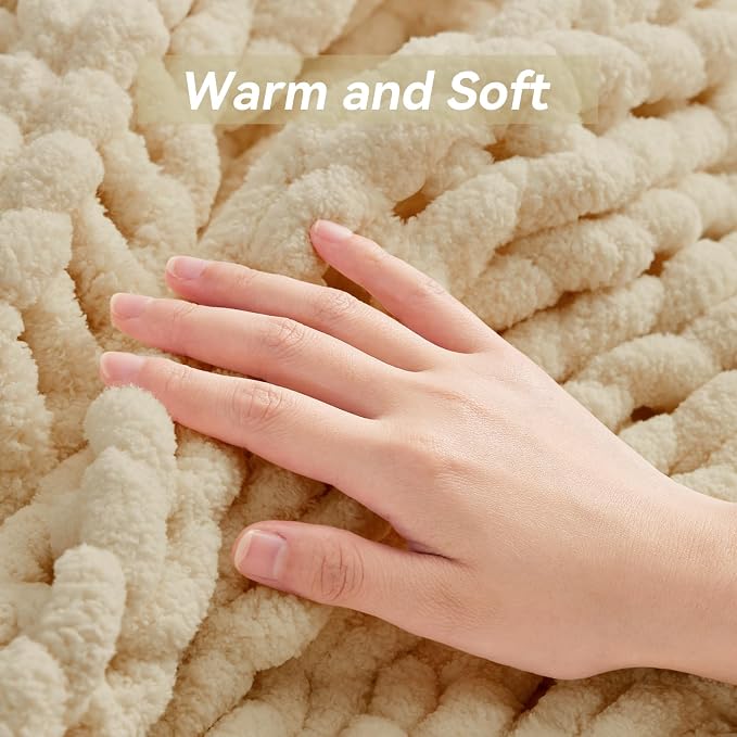 Negwoo Chunky Knit Throw Blanket, 40''*50'' Knitted Throw Chenille Yarn for Bed Couch, Handmade Oatmeal Crochet Big Thick Blanket, Machine Washable Cute Comfy Blanket for Home Decor