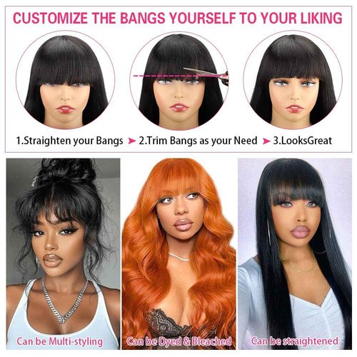 Sooolavely 20 Inch Body Wave Wigs with Bangs Human Hair Wig for Women Machine Made None Lace Front Wigs 180% Density Brazilian Virgin Human Hair Glueless Wig with Adjustable Drawstring Natural Color