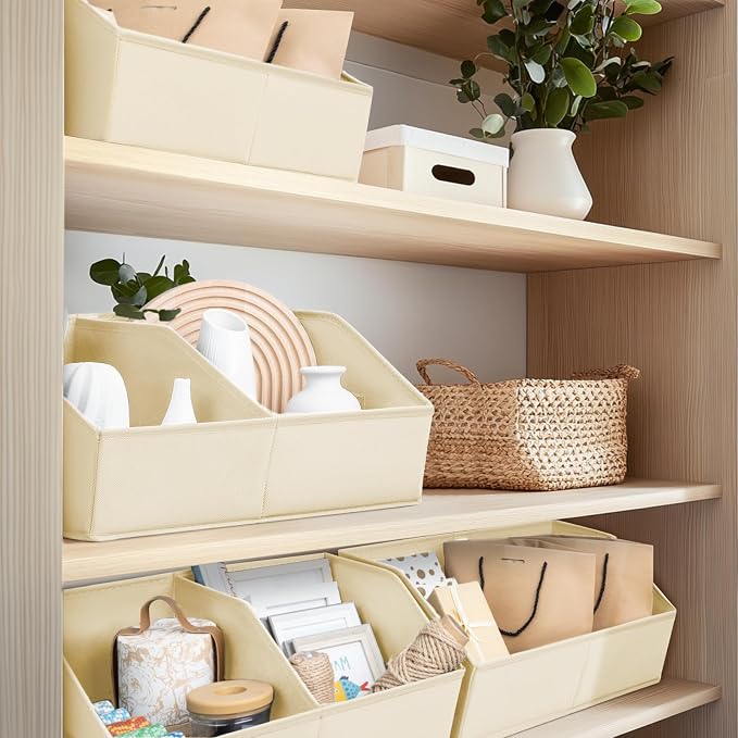 Homsorout Closet Organizers and Storage Bins - 6 Pack Collapsible Divided Trapezoidal Cube Storage Bins Baskets with Orange Handle for Organizing Clothes Blankets, Toys, Books, Towels(Beige)