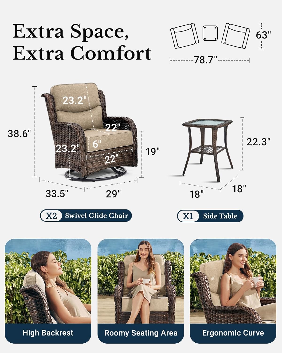 HILLGA Luxury Patio Furniture Set with 6-inch Thick Cushion, Outdoor High Back Swivel Rocker Patio Chairs, 3PCS Wicker Conversation Set for Deck Yard and Poolside, Beige (V2)